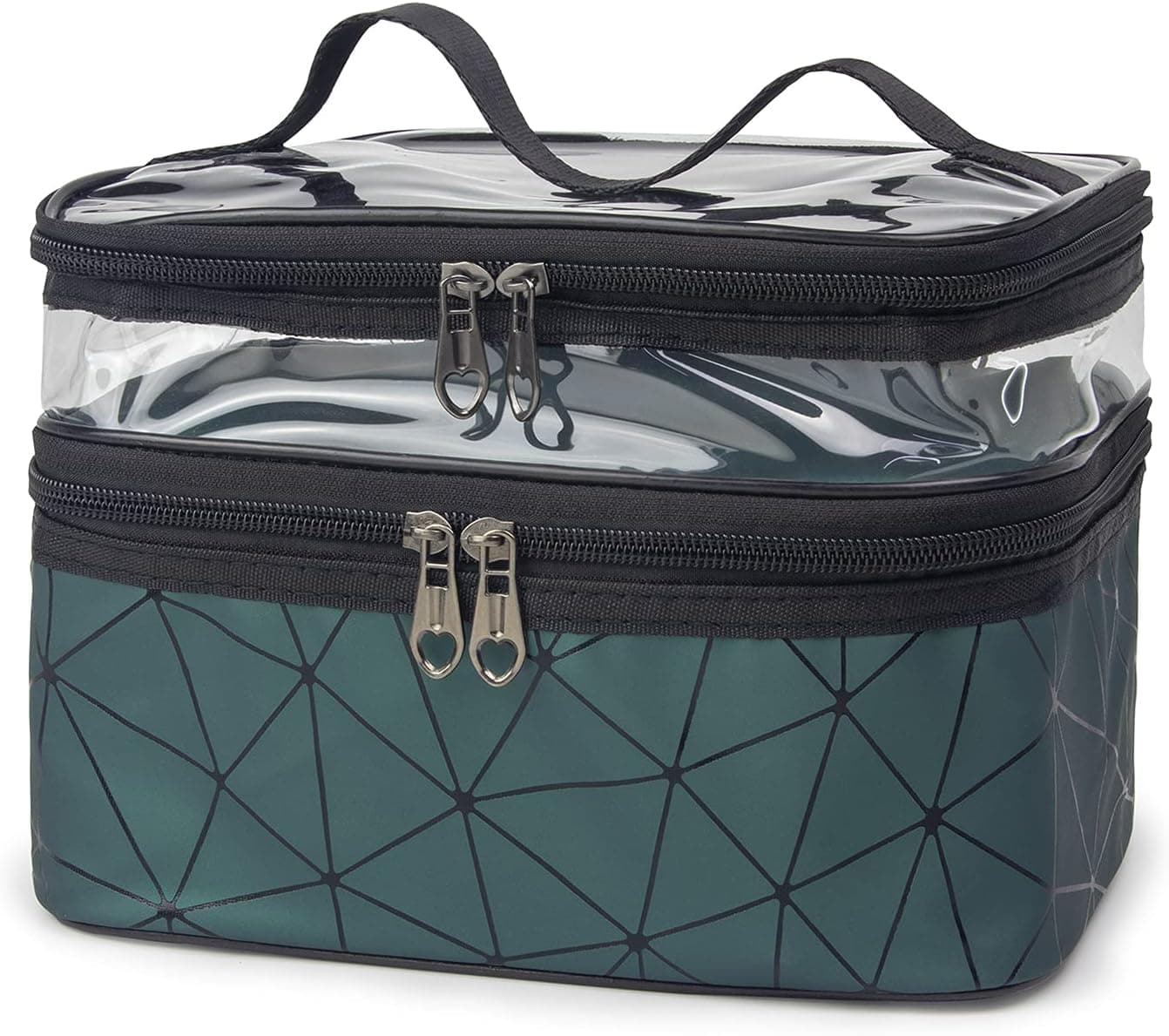 Double-layer Portable Cosmetic Bag, Large Travel Makeup Bag, Clear Travel Cosmetic Cases Make up Organizer Toiletry Bags Water-proof for Women Girl Camping College (Dark Green)