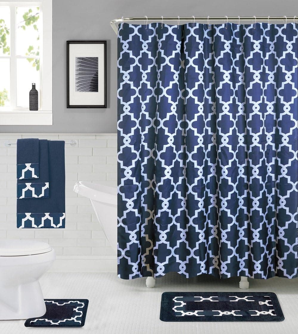 18 Pcs Geometric, Floral Designs Banded Shower Curtain Set. Rug 18"x30", Contour 18"x18", Curtain 70"x72", 12 Metal Crystal Roller Ball Shower Hooks, 3 Pcs matching Towels set (Ashley)