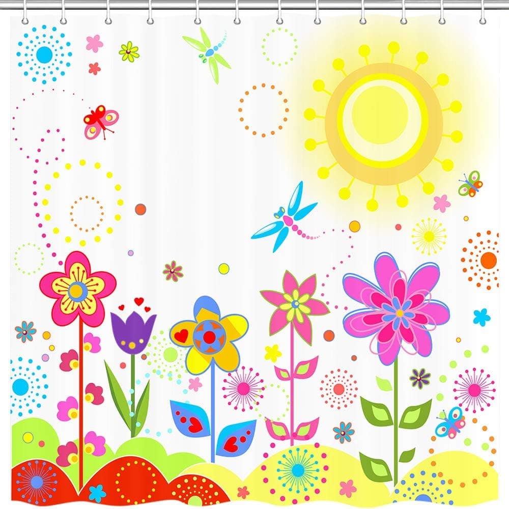 JAWO Spring Floral Shower Curtain for Bathroom, Cartoon Flower Butterfly Nursery Kids Summer Profession Polyester Fabric Bath Accessories Curtains Decor with 12PCS Hooks 69X70 Inches