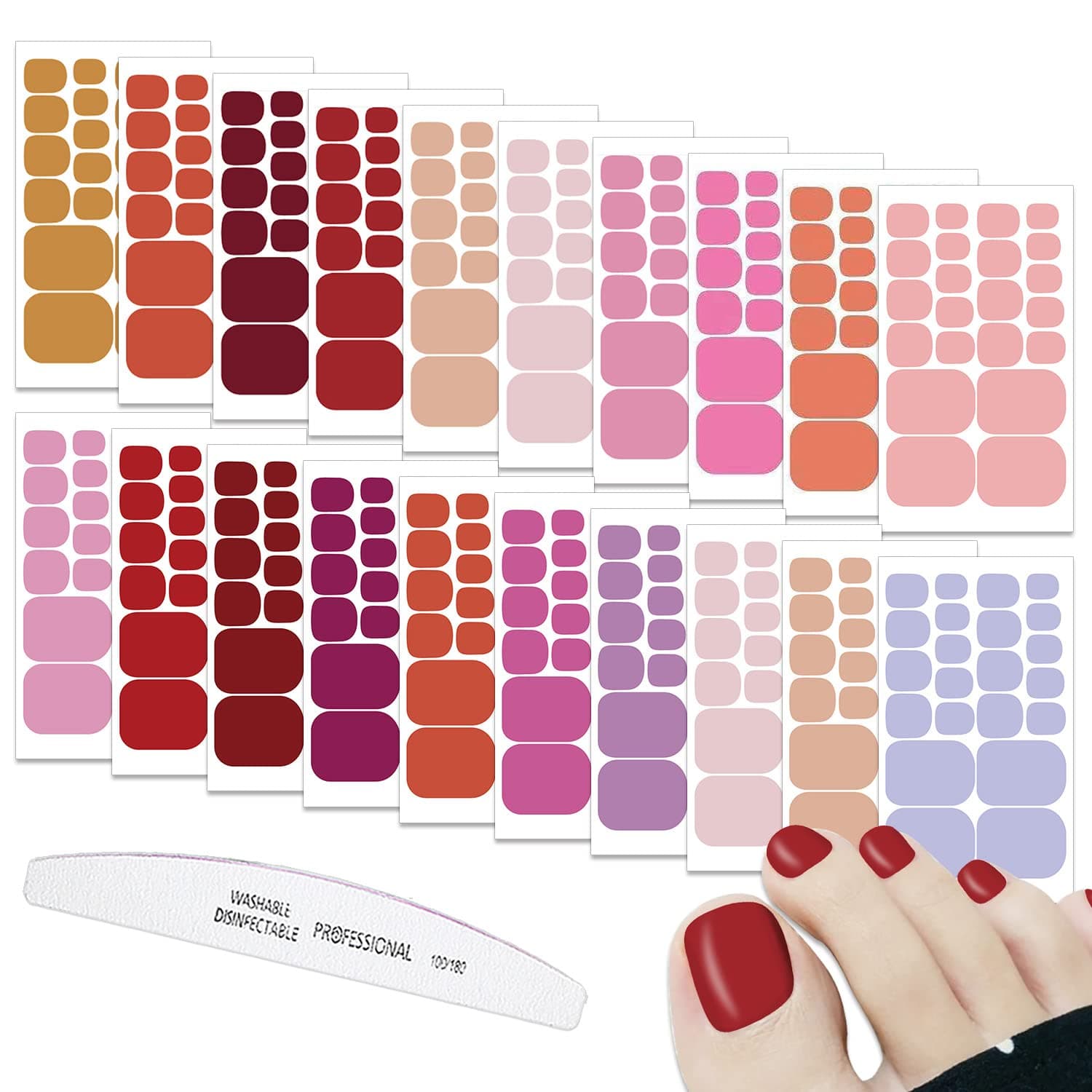 WOKOTO 20 Sheets 440pcs Red Pink Purple Nail Polish Strips Solid Color Nail Stickers Full Nail Wraps for Toenails Self Adhesive Gel Nail Stickers for Toes Nail Color Strips Stick On Nails for Women