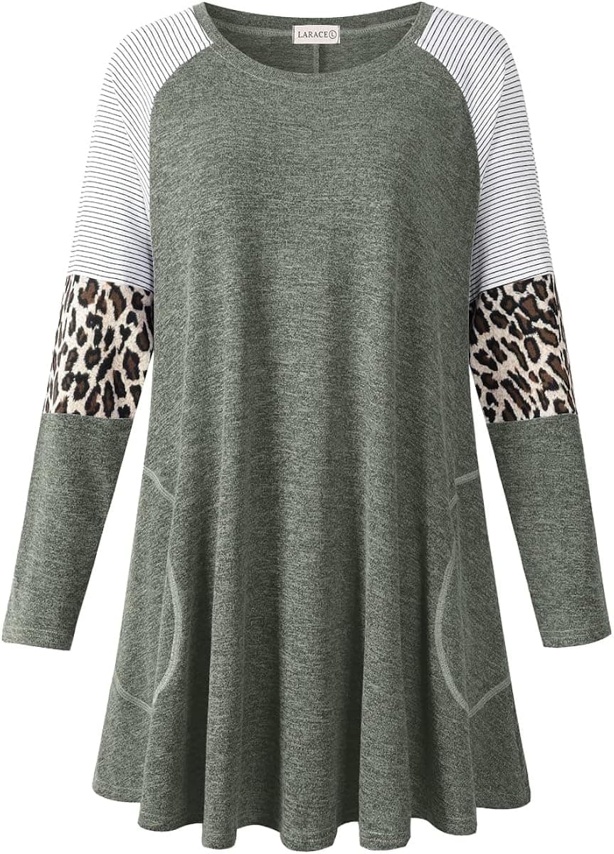 LARACE Swing Tunic Top for Women Plus Size Leopard Long Sleeve Shirt with Pocket