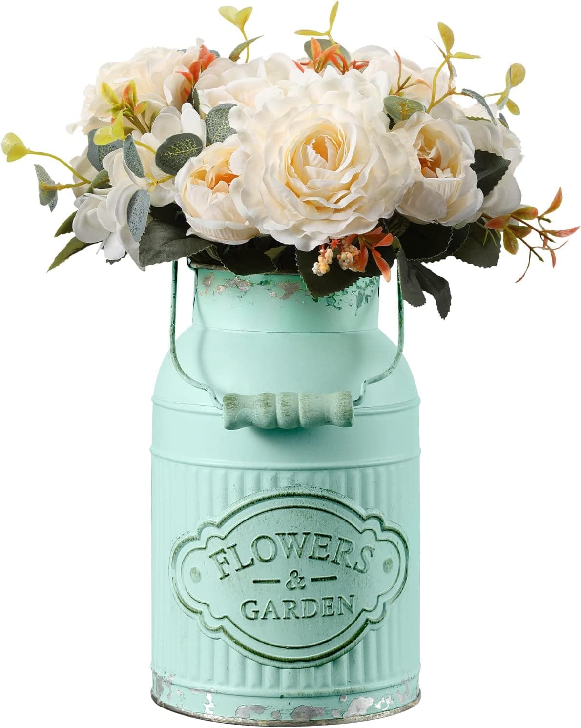 APSOONSELL Green Flower Pot Indoor Galvanized Flower Vase Vintage Jug Metal Milk Can Galvanized Bucket Pail Pot Planter Rustic Container