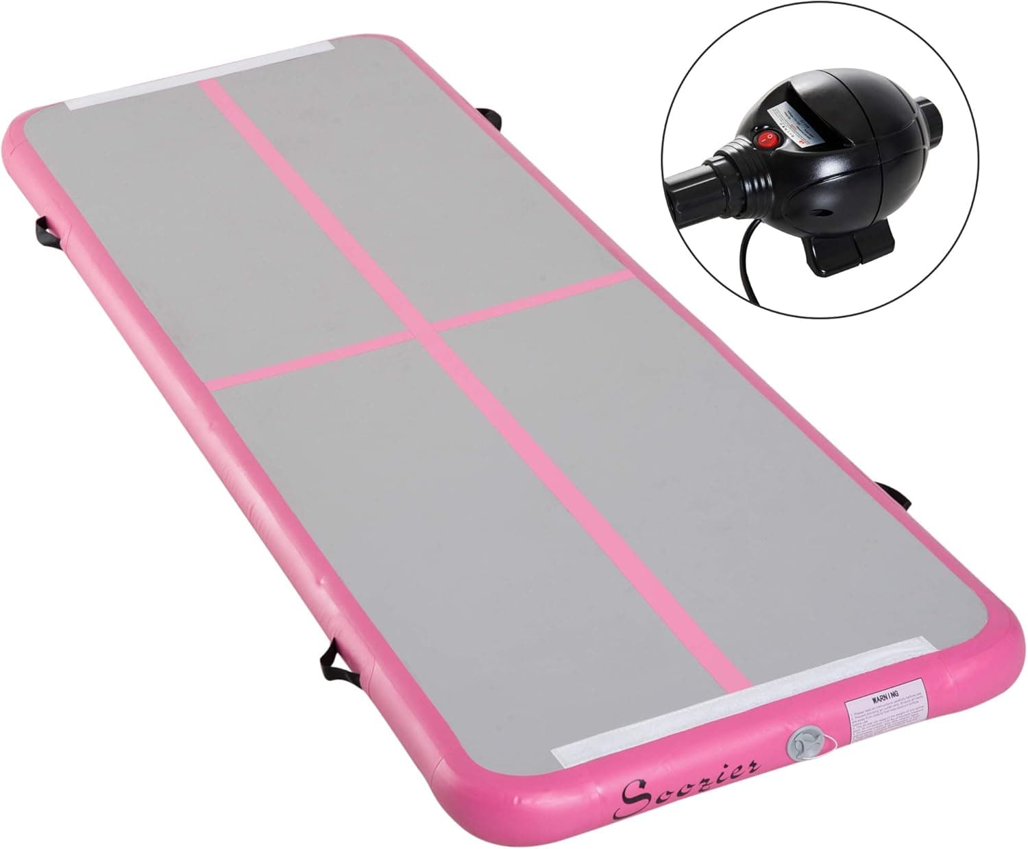 Soozier 16.5' Cartwheel Gymnastics Tumble Air Track Inflatable Pad Mat 4" Thick with Included Electric Pump, Grey/Pink