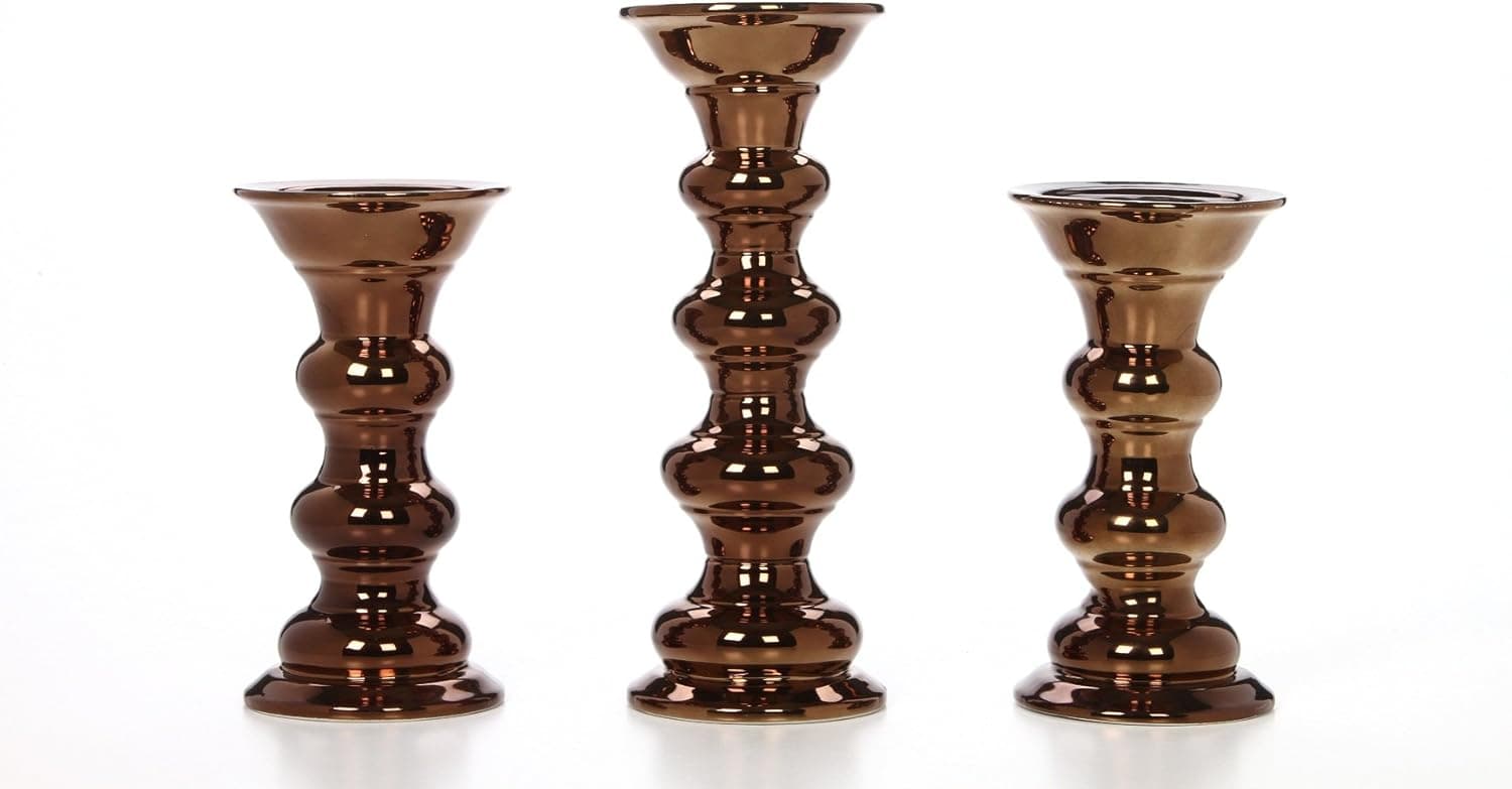 Hosley Set of 3 Ceramic LED Pillar Candle Holders Bronze Color Tall 11.6 Inch and 2 Small 7.9 Inch High. Ideal Gift Wedding Spa Bridal Aromatherapy Reiki Chakra LED Votive Candle Garden Setting. O9