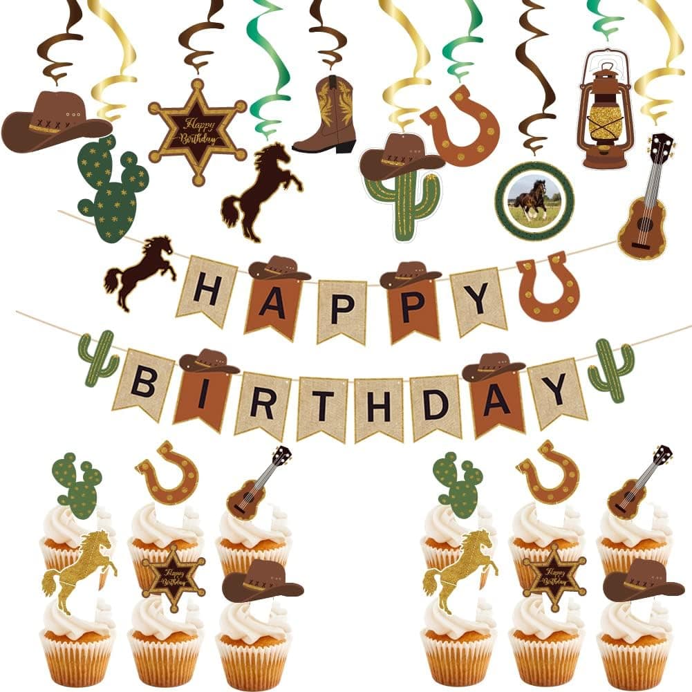 Western Cowboy Party Decorations, Western Theme Birthday Decoration, Cowboy Birthday Banner Cake Topper Hanging Swirls Western Party Supplies Kit for Boys