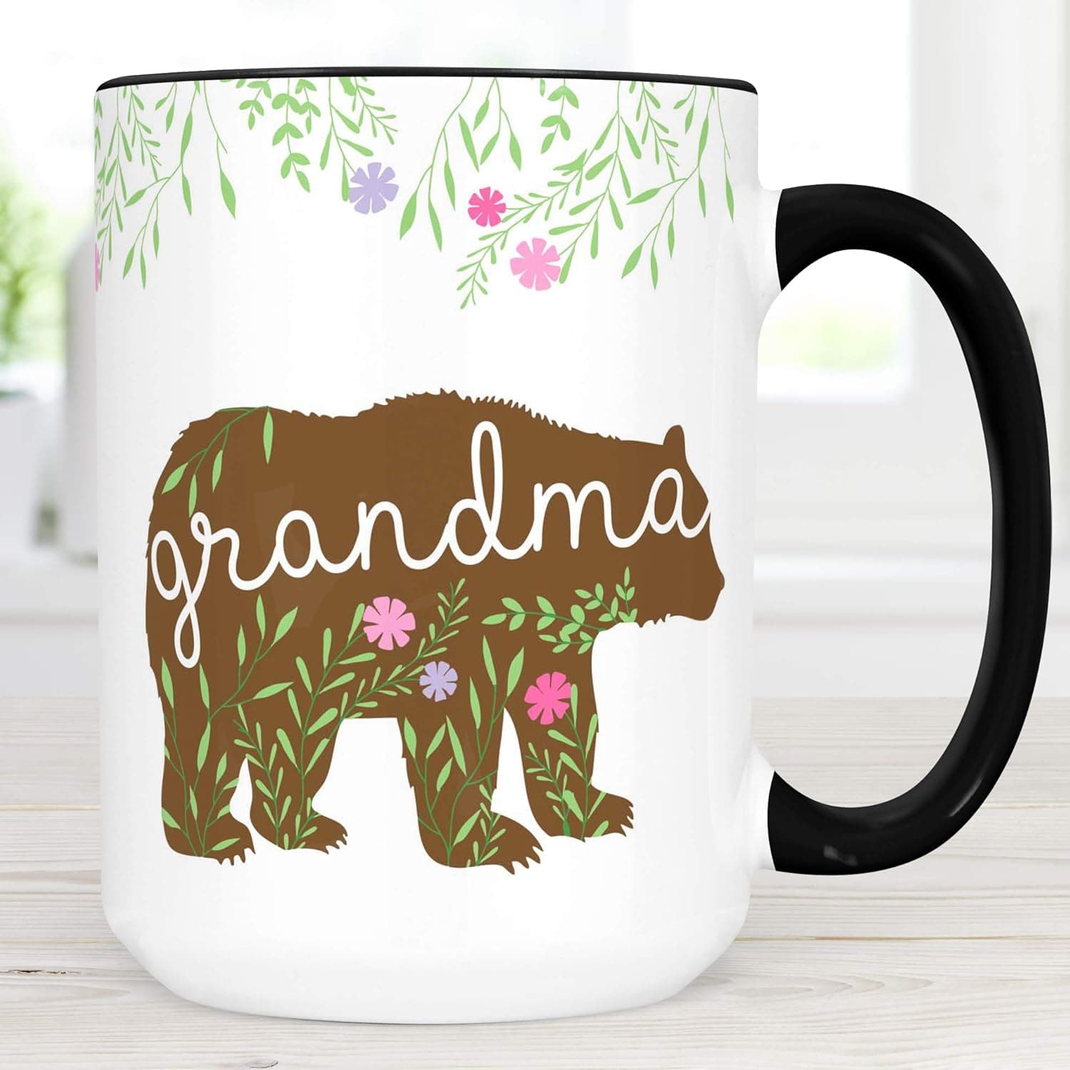 Grandma Bear Coffee Mug | Pretty Floral Grandmother Cup | Dishwasher Safe Ceramic Gift