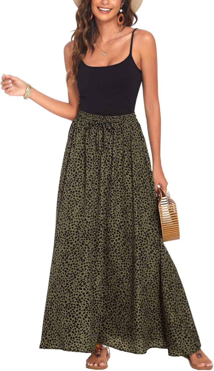 Bluetime Women Leopard Print Long Skirts Chiffon Summer Beach Pleated Elastic High Waisted Maxi Skirts