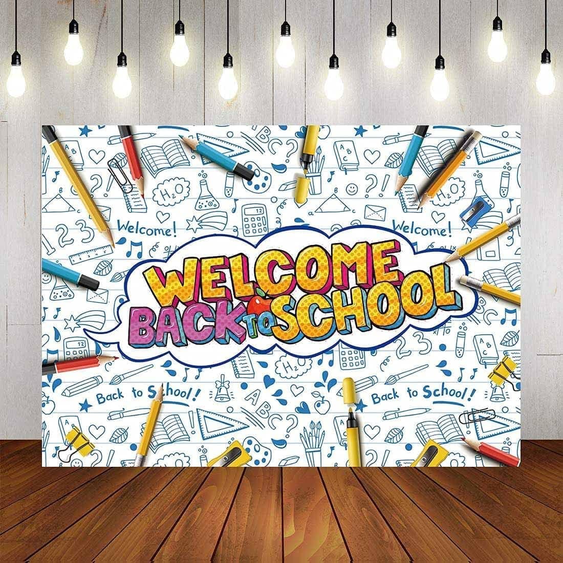Yongqian Welcome Back to School Backdrop First Day of Kindergarten White Blue Photography Backdrops 5x3ft Teacher and Multicolor 5x3FT(150CM x 100CM)
