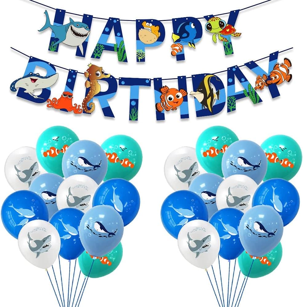 Blue Sea Party Decoration Marine Animals Fish Dolphin Shark Balloons with Happy Birthday Banners Ocean Animals Theme Birthday Party Decorations For Kids Boys Girls Baby Shower