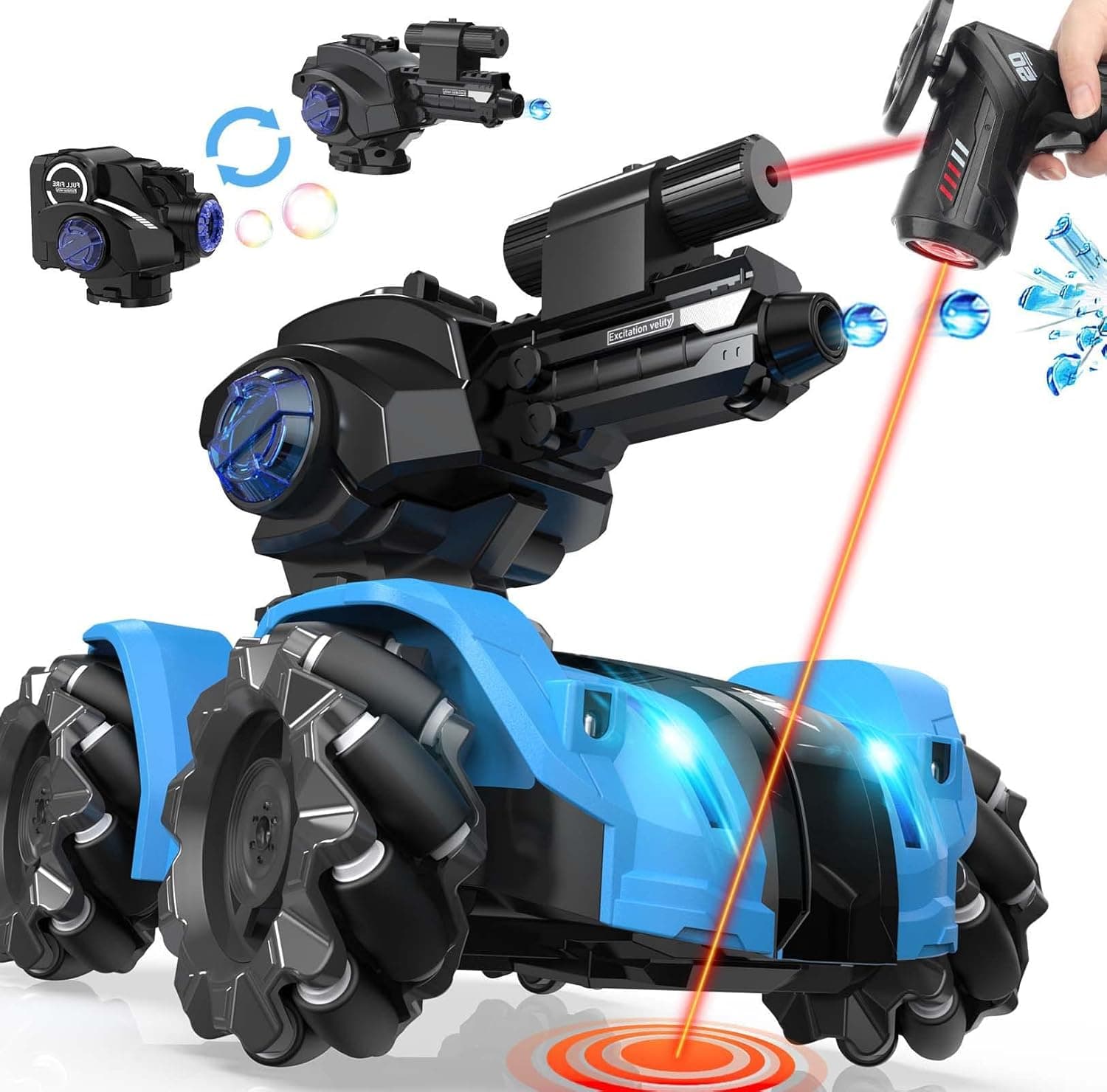 Kidstinct RC Tank for Kids 6 7 8-15 Year Old, 2 Head Infrared Stunt Car Shooting Water Bullets & Blowing Bubble, 360° Rotating, 2.4Ghz 4WD 1:16 Remote Control with Lights Music, (YKC-002-Blue)
