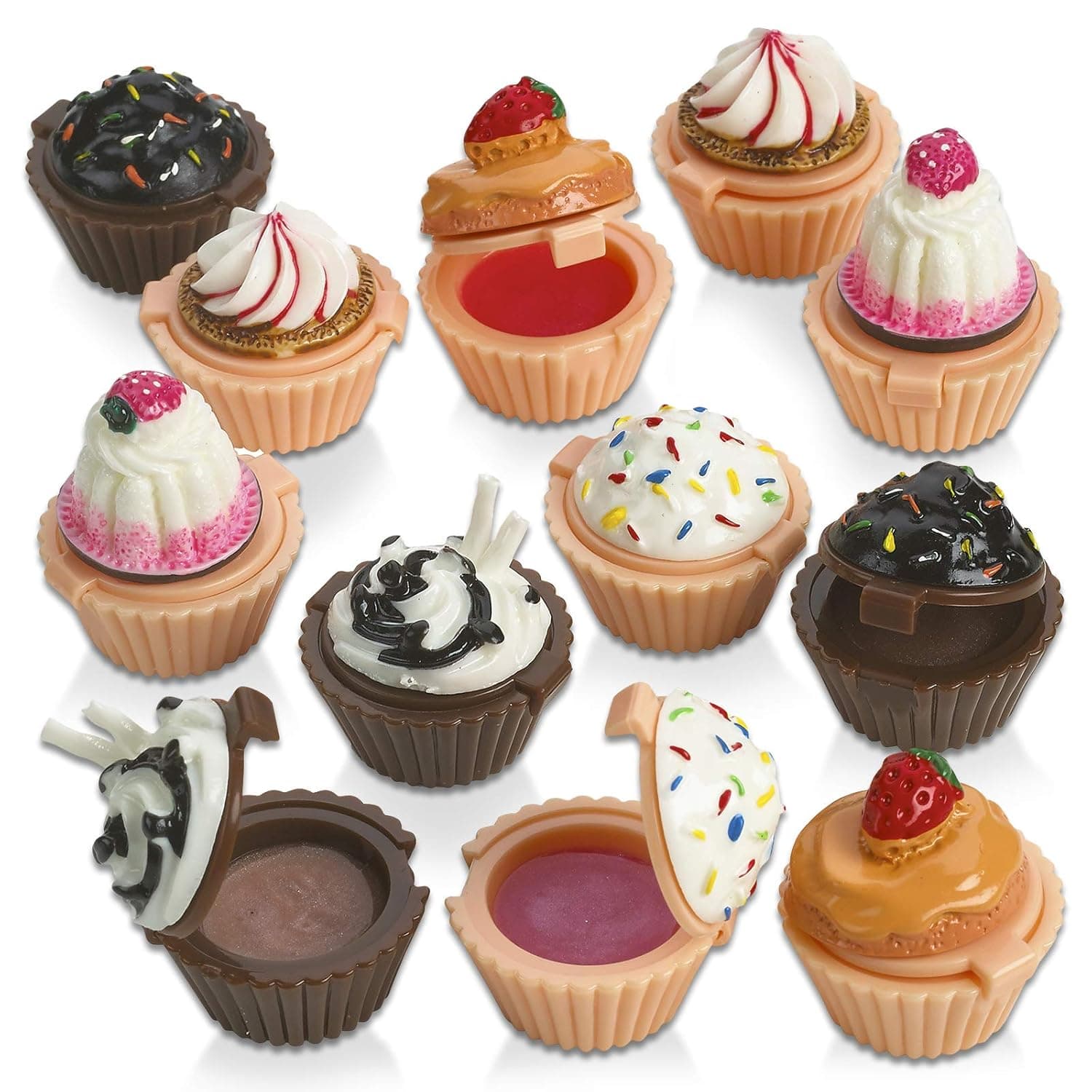 Kicko Lip Gloss Cupcake Shape - 12 Pack Assorted Designs in Colorful Box, Girls Birthday Party Favor, Goody Bag Filler, Prize, Easy to Use