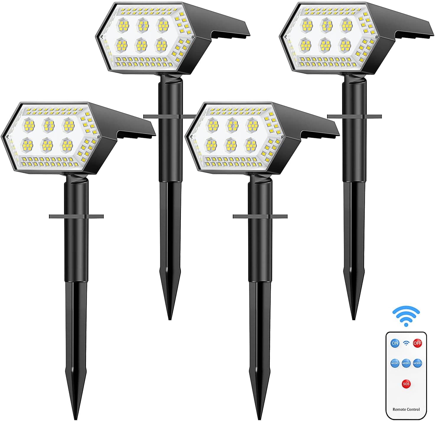 Solar Spot Lights Outdoor, 107 LED Solar Landscape Spotlights with Remote Control, 2-in-1 USB & Solar Powered Wall Garden Lights IP67 Waterproof for Yard Backyard Walkway Driveway Patio Pool, 4 Pack