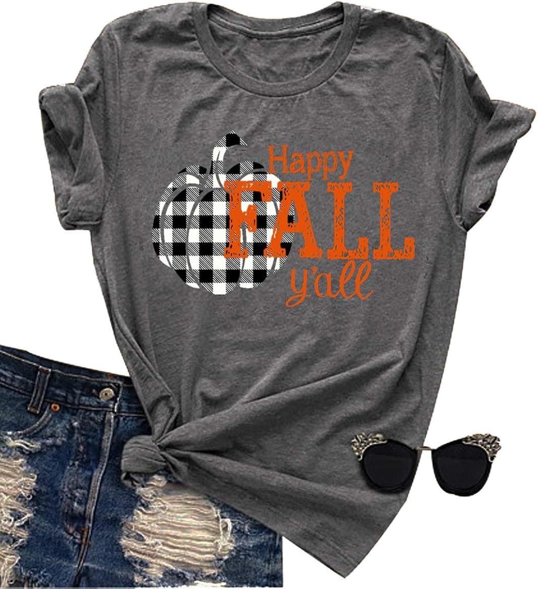 Happy Fall Y'all Pumpkin Shirts Women's Funny Vintage Pumpkin Plaid Tops Short Sleeve Halloween Tee
