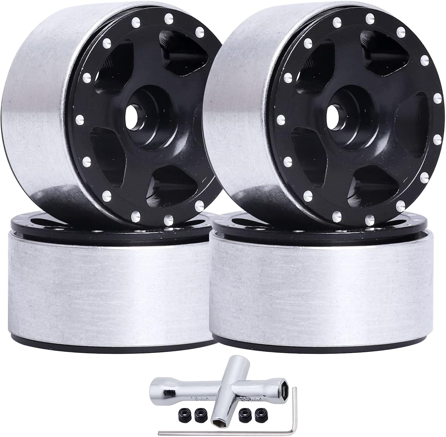 4Pcs CNC Aluminum 1.0 Beadlock Wheel Rims Set for 1/24 Axial SCX24 90081 RC Crawler Car Upgrades with Locknuts (Type 1)