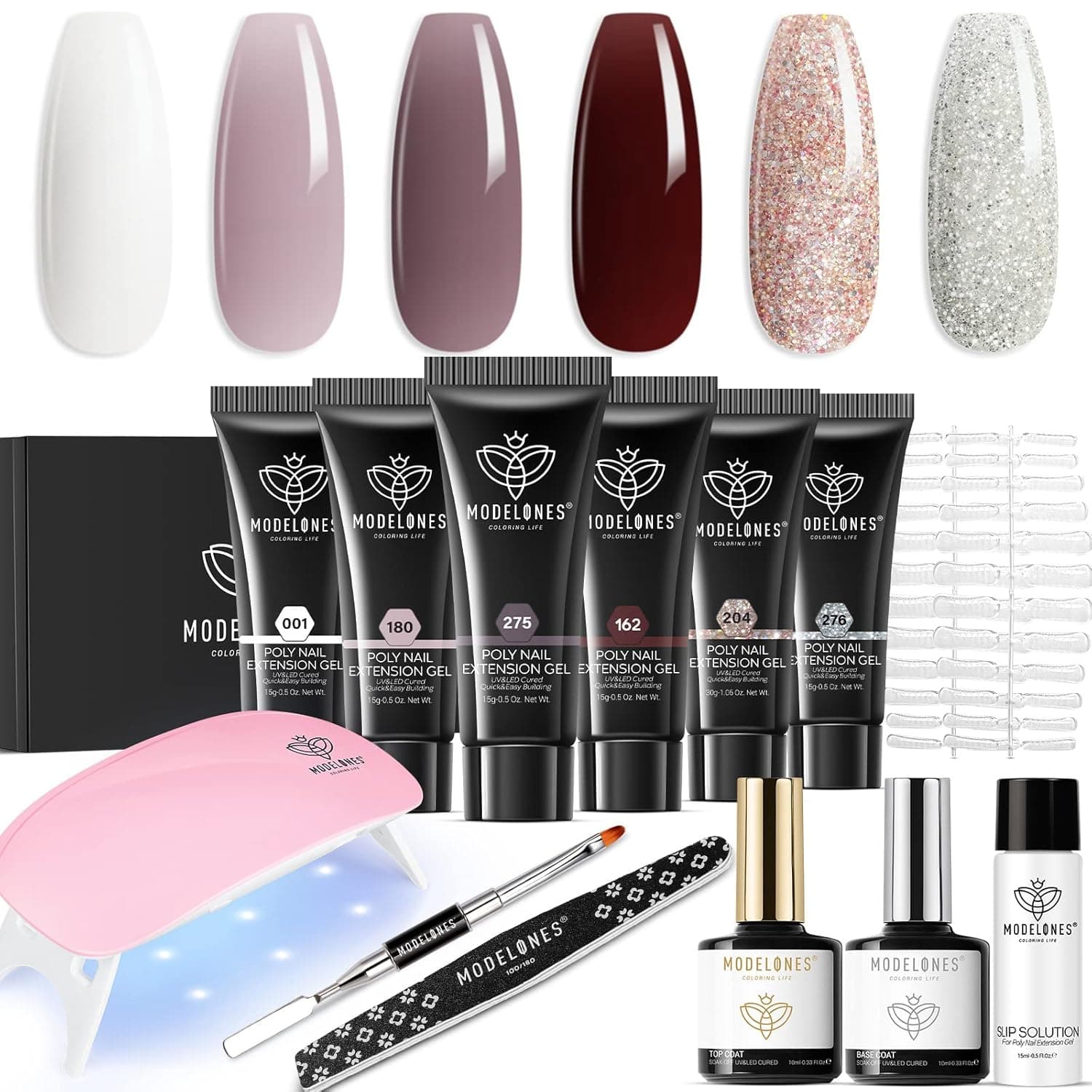 Modelones Poly Nail Gel Kit with Nail Lamp Starter Kit – 6 Colors Burgundy Red Brown Champagne Gold Builder Nail Extension Gel All In One Kit Fall Winter Nail Thickening Solution French Manicure DIY at Home