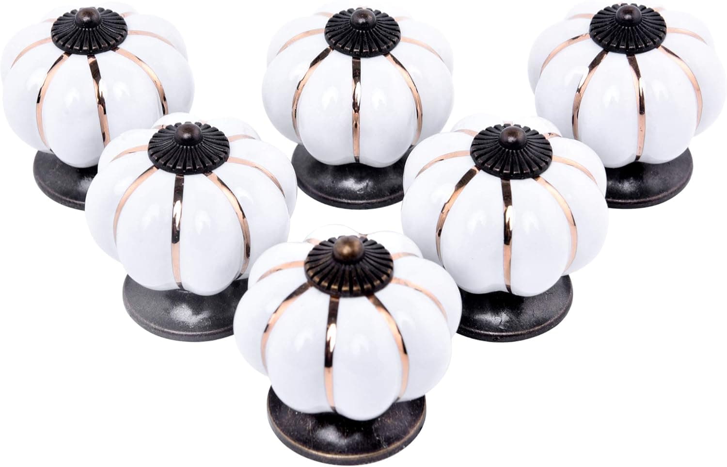 Keador Pumpkin Door Knobs, 6 Pack Drawer Pumpkin Shaped Pull Handles, Ceramic Glazed Cabinet Knobs for Kitchen, Cabinets, Cupboard, Bathroom, Dresser Drawers, Wardrobe Closet (White)