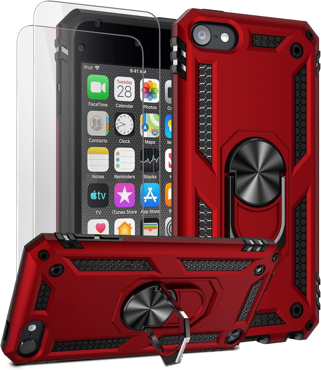 ULAK Compatible with iPod Touch 7 Case/iPod Touch 6 Case with 2 HD Screen Protectors, Hybrid Rugged Shockproof Cover with Built-in Kickstand for iPod Touch 7th/6th/5th Generation (Red)