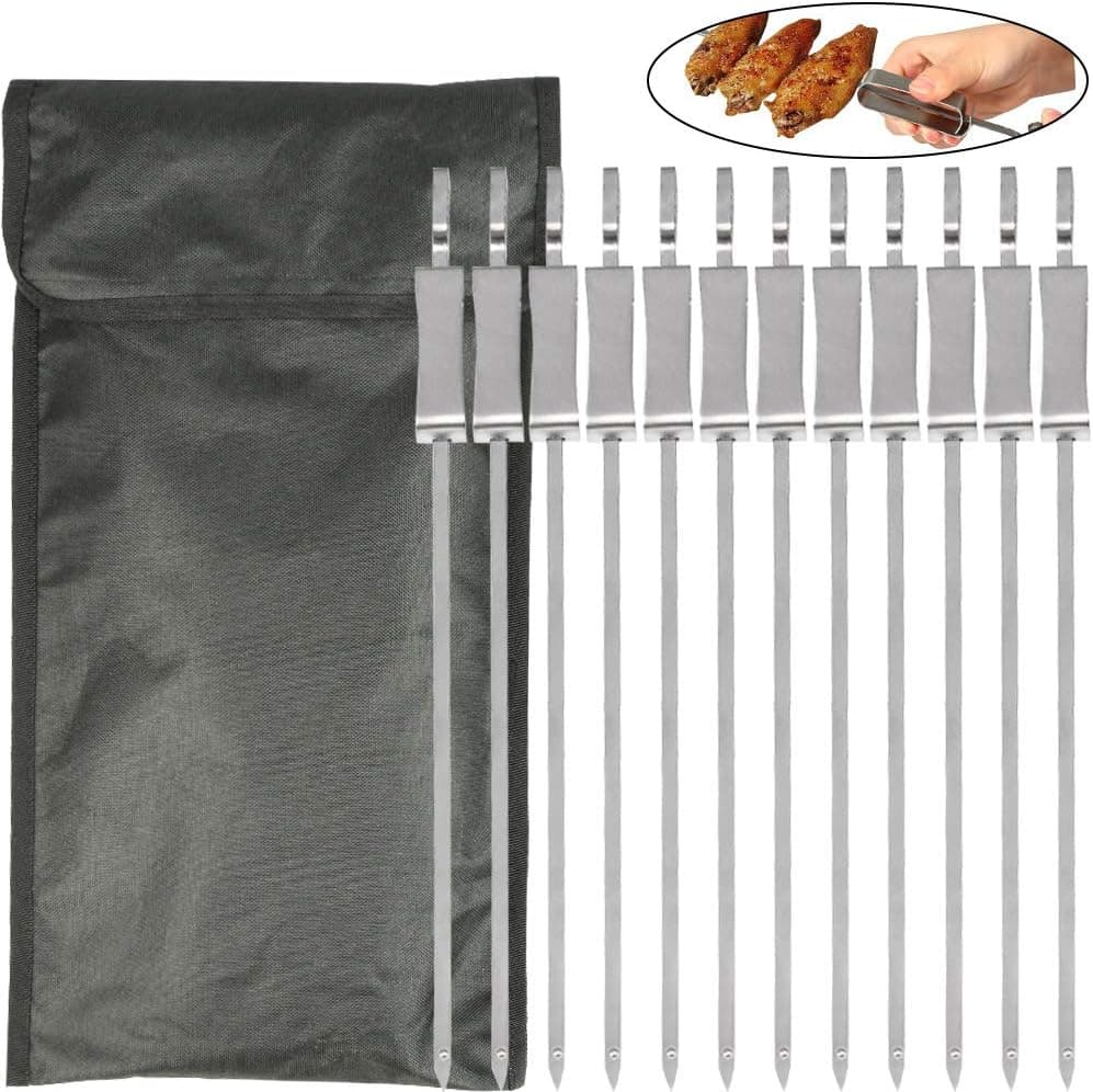 ATPWONZ 12 Packs BBQ Skewers, 14"/35cm Long Kebab Skewers Reusable Stainless Steel Barbecue Skewers Heavy Duty Metal BBQ Skewers 0.6cm Flat Grilling Skewers with Handy Storage Pouch