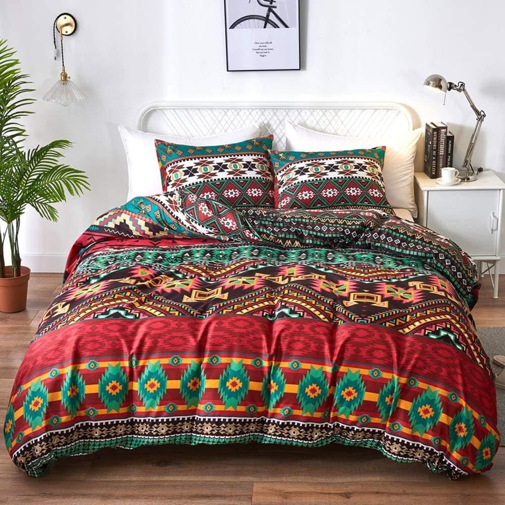 CottonLife Bohemian Duvet Cover, Microfiber Queen 3pc Bohemian Ethnic Bedding Set for Men and Women, Boho Full/Queen