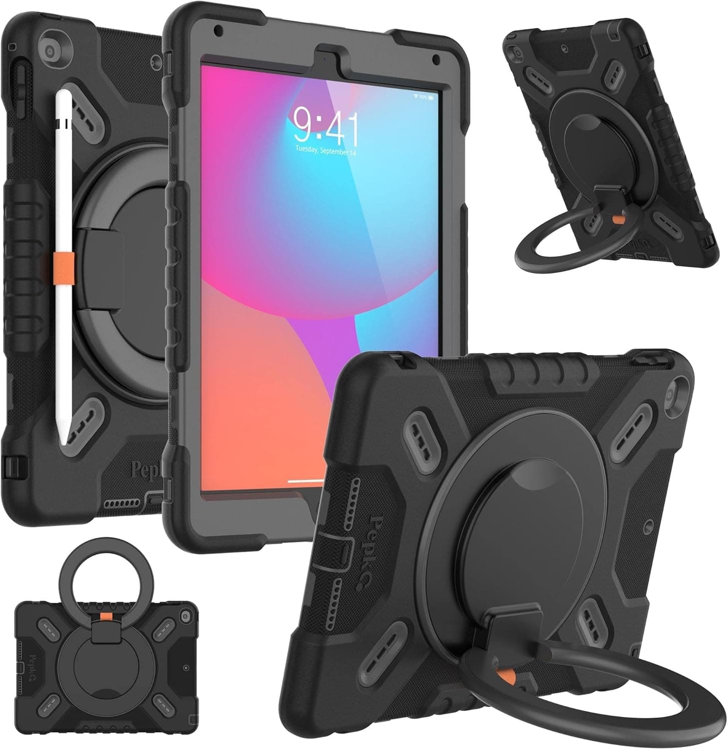 PEPKOO Triple Shockproof Case for iPad 5th/6th Generation 9.7 inch 2017 2018, iPad Air 2 Gen, Heavy Duty Kid Boy Girl Cover with Pencil Holder/Handle Kickstand/Shoulder Strap, Black