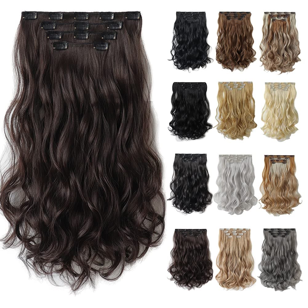 Dark Brown Hair Extension,Clip hair Extensions 18" wavy Synthetic 5.5 Oz HSPCYGG 22" Straight Hair Pieces Wig Cheap Fluffy&Not Tangled Black Women Girls Grey Silver White Blonde Full Head Auburn