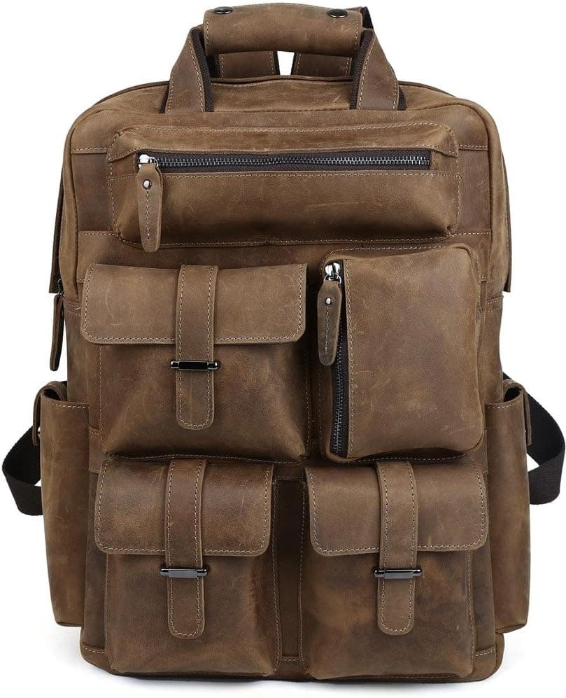 Tiding Men's Light Brown Crazy Horse Leather Backpack Sports Travel Laptop Bag 30813
