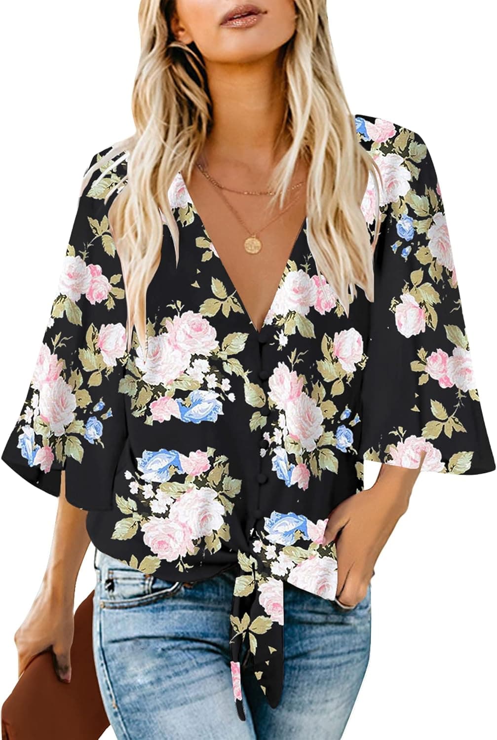 luvamia Women's V Neck Tops 3/4 Sleeve Tie Knot Floral Blouses Button Down Shirts