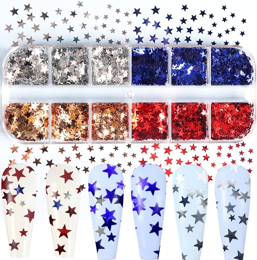 July 4th Independence Day Nail Art Glitter Sequins Decals Decoration 12 Grid Nail Art Star Sequins Holographic 4 Colors Red Blue Sliver Platinum Design Nail Stickers for Women Nail Supplies