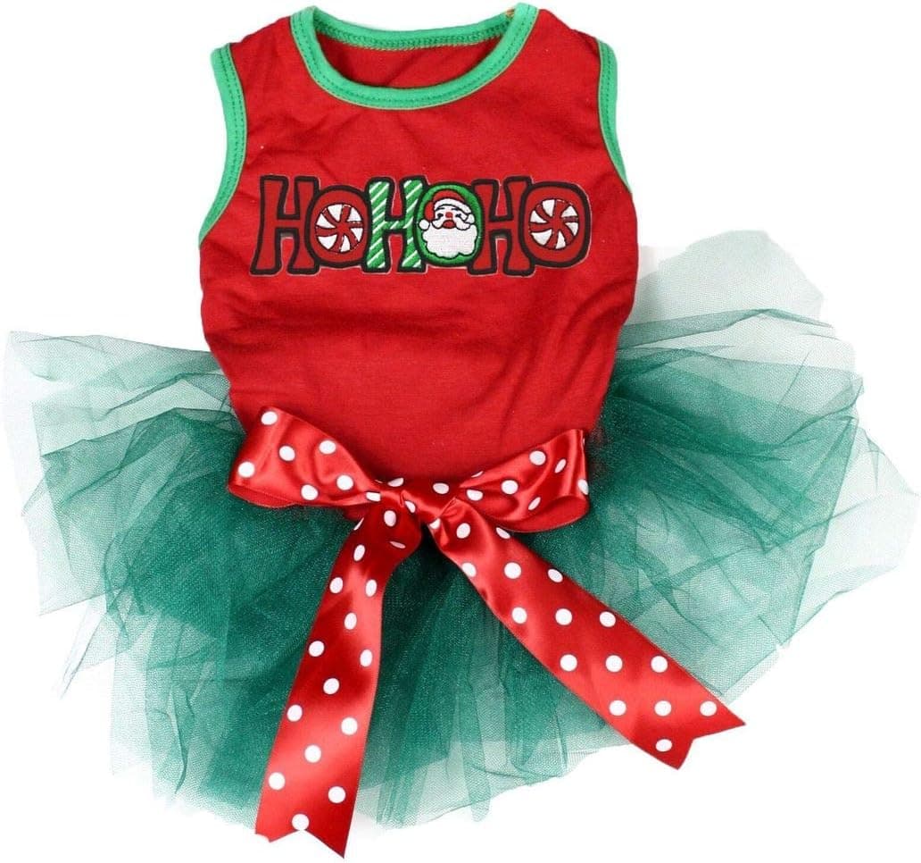 Petitebella Santa Hohoho Puppy Dog Dress (Red/Teal Green, Medium)