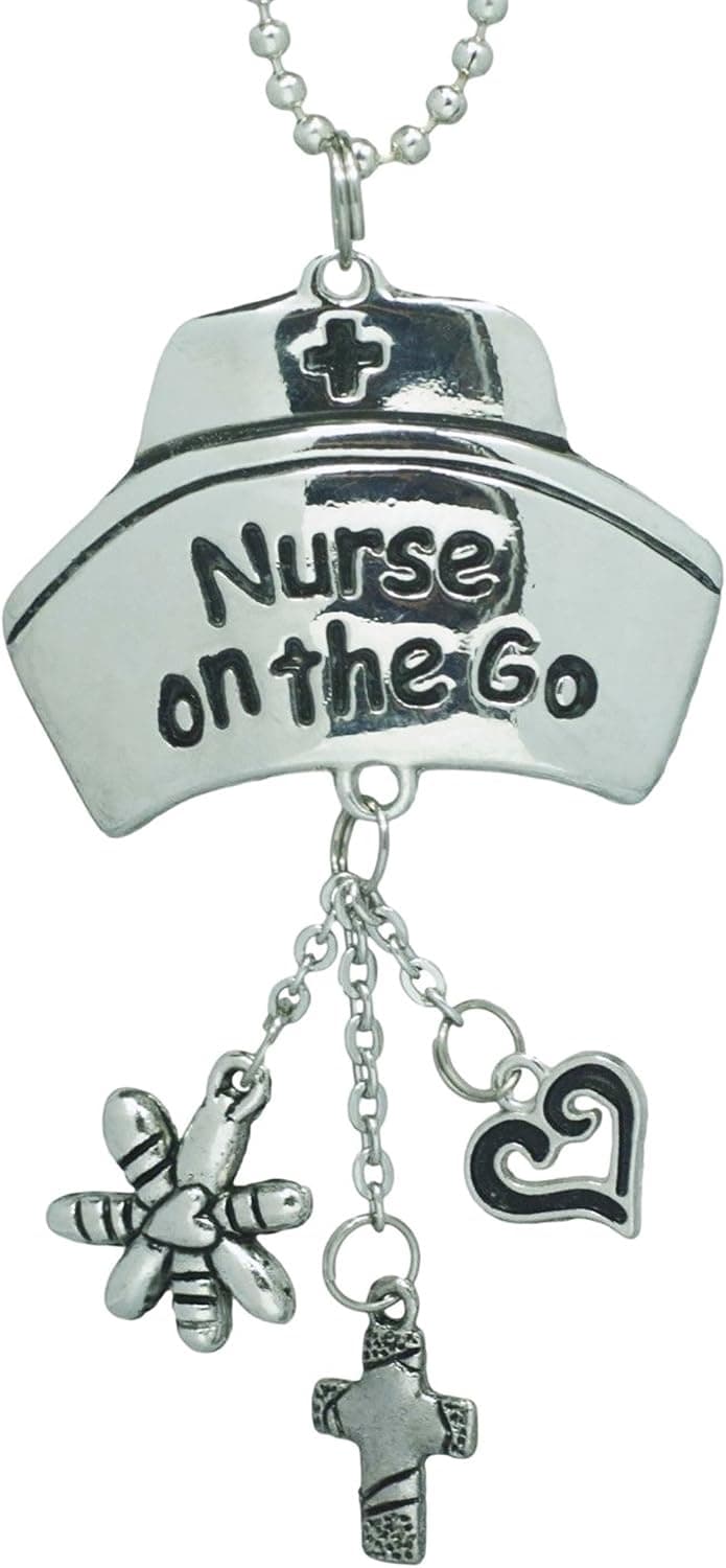 Cool & Custom {7" Chain Hang} Single Unit of Rear View Mirror Hanging Ornament Decoration Made of Zinc Alloy w/ Nurse on the Go Hospital Hat w/ Charms Design [Dodge Silver & Black Colored]
