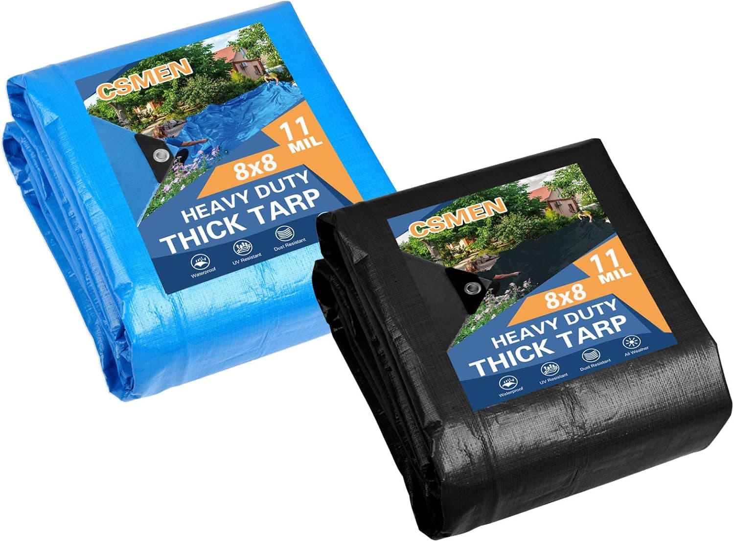 CSMEN tarps Heavy Duty Waterproof 8x8ft,Blue Black Plastic tarp Cover 11mil Poly Tarpaulin Outdoor tarps Cover for rain,Sun,firewood,roof, Pool,Boat,car 2Packs