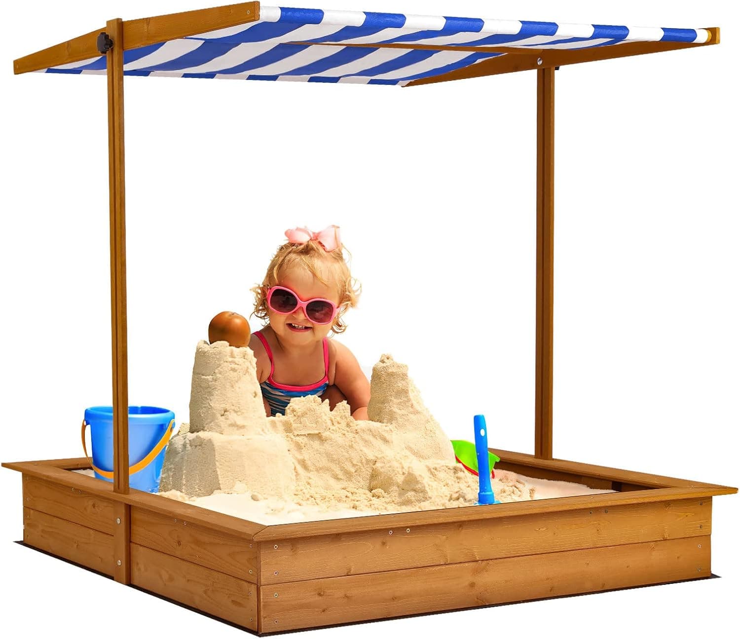 MAMIZO Sandbox with Cover Kids Sandbox Wood 47.24 x 47.24 Inch with Retractable Roof, UV Sun Protection Function, Sand Defense, for Backyard, Courtyard, Beach, Outdoor
