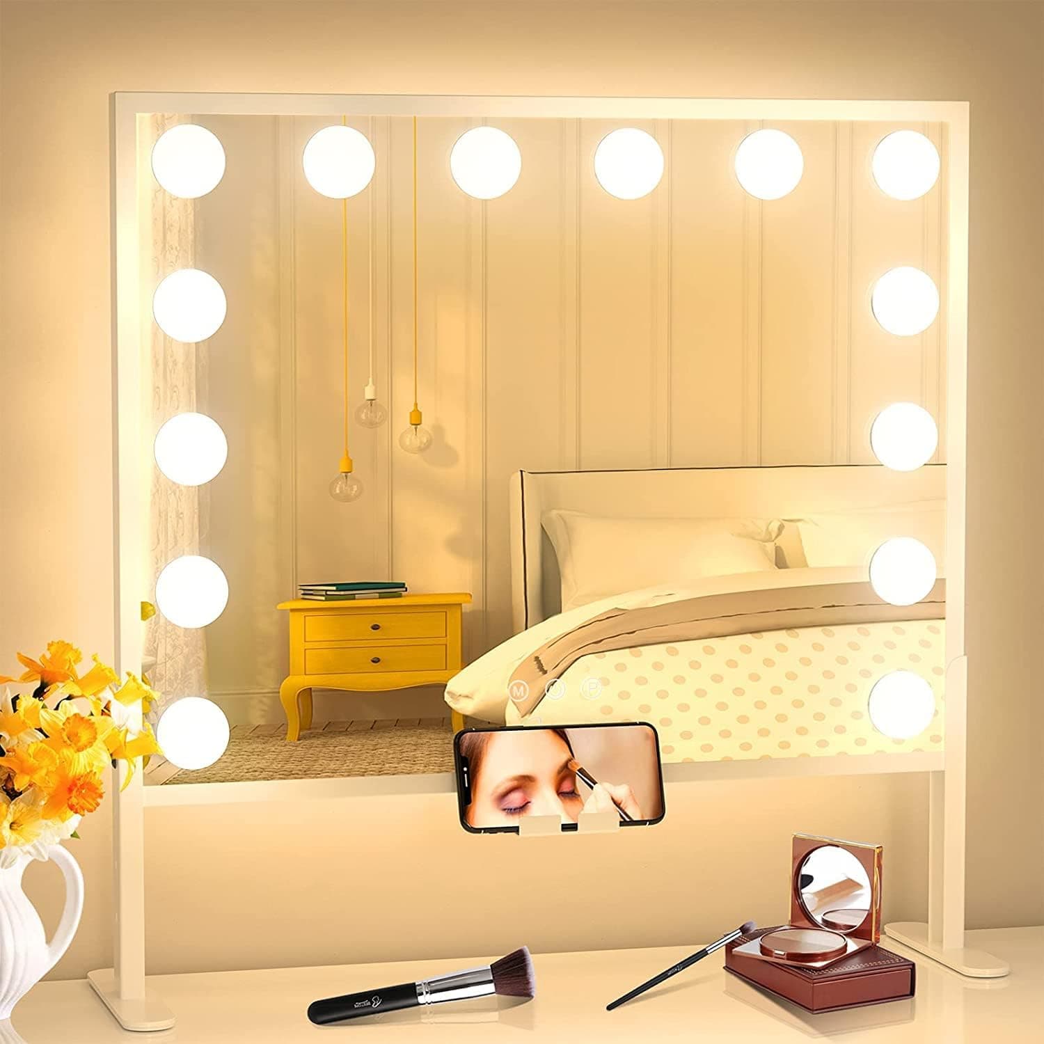 Large Hollywood Vanity Mirror with Lights - Lighted Vanity Mirror with Adjustable Bracket, Makeup Mirror with Phone Holder for Bedroom,USB & Type C Charge Port,20 X 22 Inch
