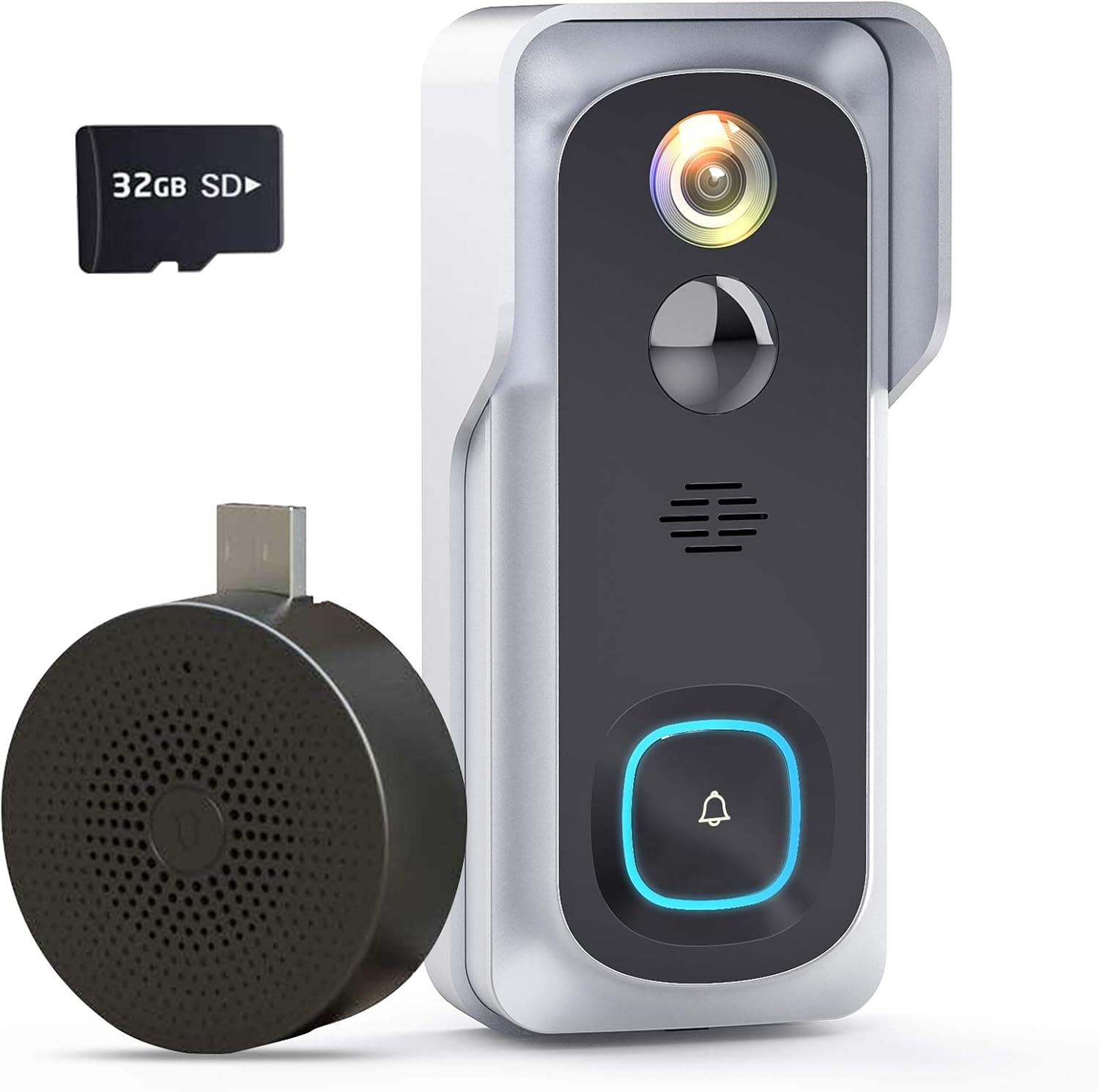 Geekee Wireless Video Doorbell Camera, 1080P Security WiFi Doorbell Camera with Indoor Chime, Motion Detect Sensor, IR Night Vision, IP66 Waterproof, 2-Way Audio, 32GB Included (Sliver)