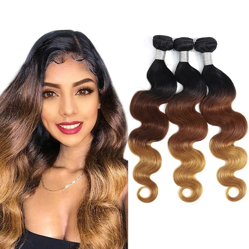 T1B/4/27 Ombre Brazilian Hair Bundles Body Wave 3 Tone Ombre Brown Human Hair (10 12 14 Inch)