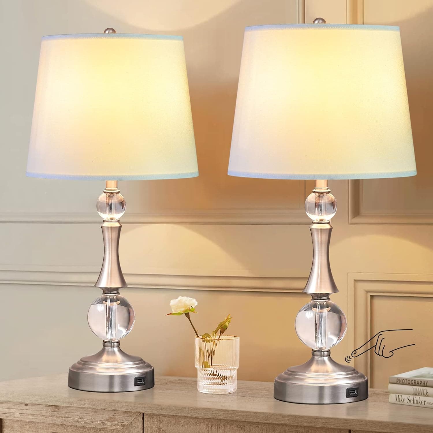 Set of 2 Touch Control Modern Crystal Table Lamps, 3-Way Dimmable Bedside Nightstand Lamp with USB Port, White Fabric Shade Lamp for Bedroom Living Room Guest Room, LED Bulbs Included (Silver)