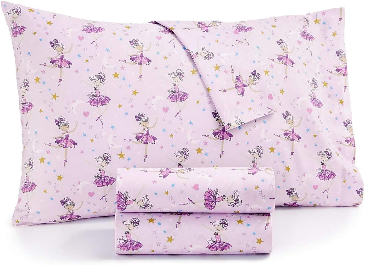 Multicolor Microfiber White Pink Ballerina Sheet Set - Multiracial Tutu Wearing Ballerina Sheets for Girls with Moon and Star Print (Twin)