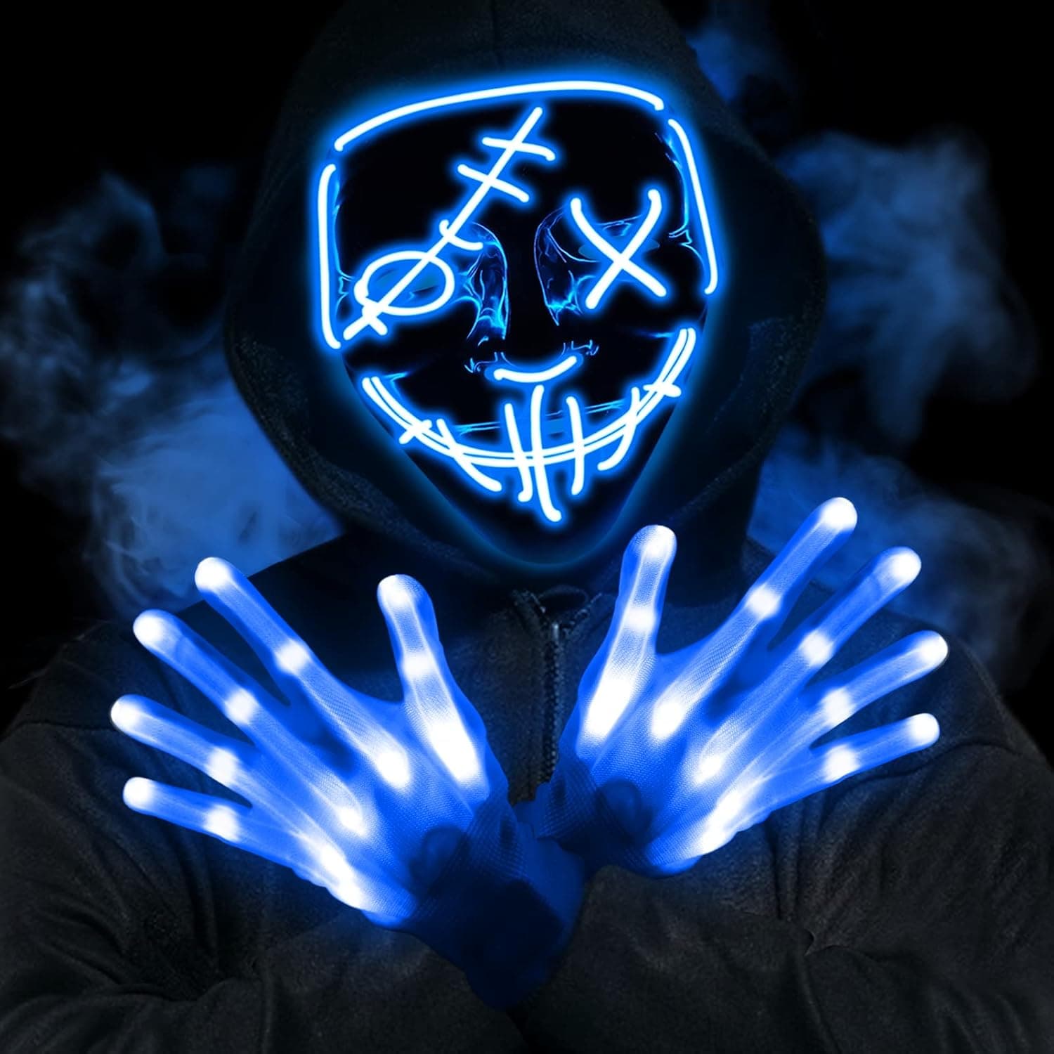 2 Set Halloween LED Light Up Mask And Gloves, Glow In The Dark Halloween Costume Cosplay Party Supplies for Adults