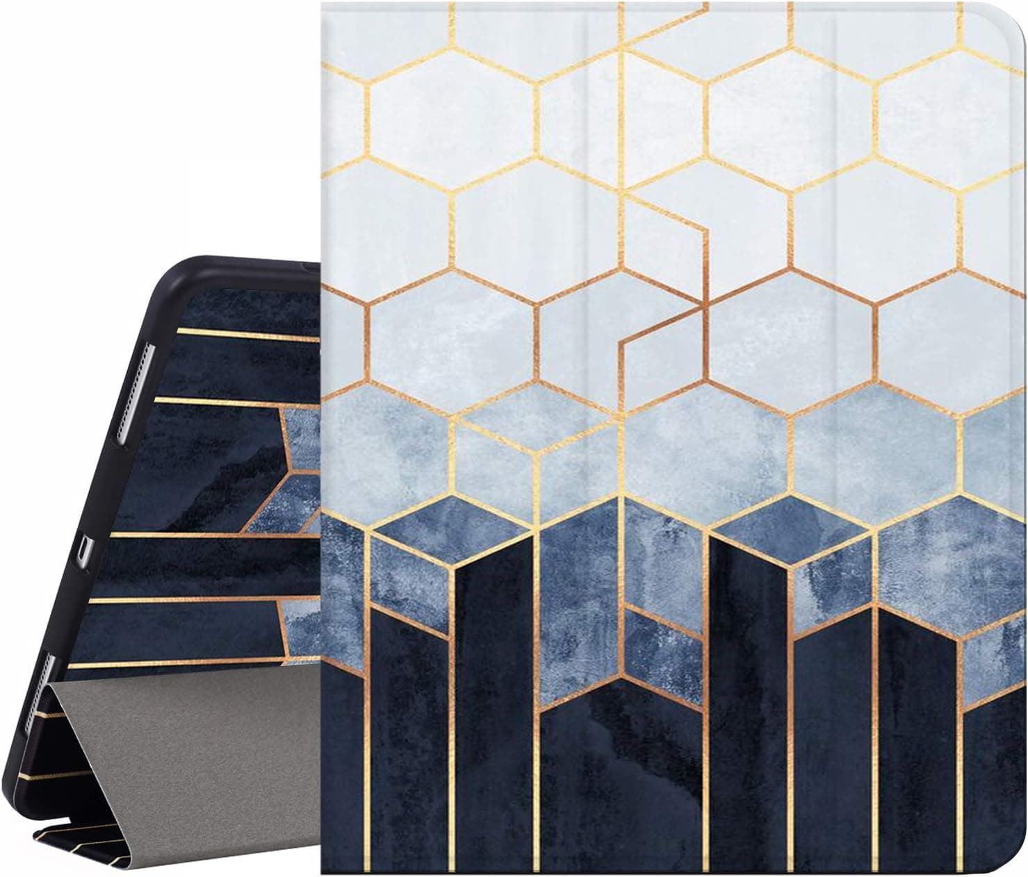 RicHyun iPad Pro 5th & 4th & 3rd Generation 12.9 inch Case, Smart Trifold Stand Shockproof Leather Back Cover for iPad Pro 12.9 inch 2021 & 2020 & 2018, Blue Hexagons