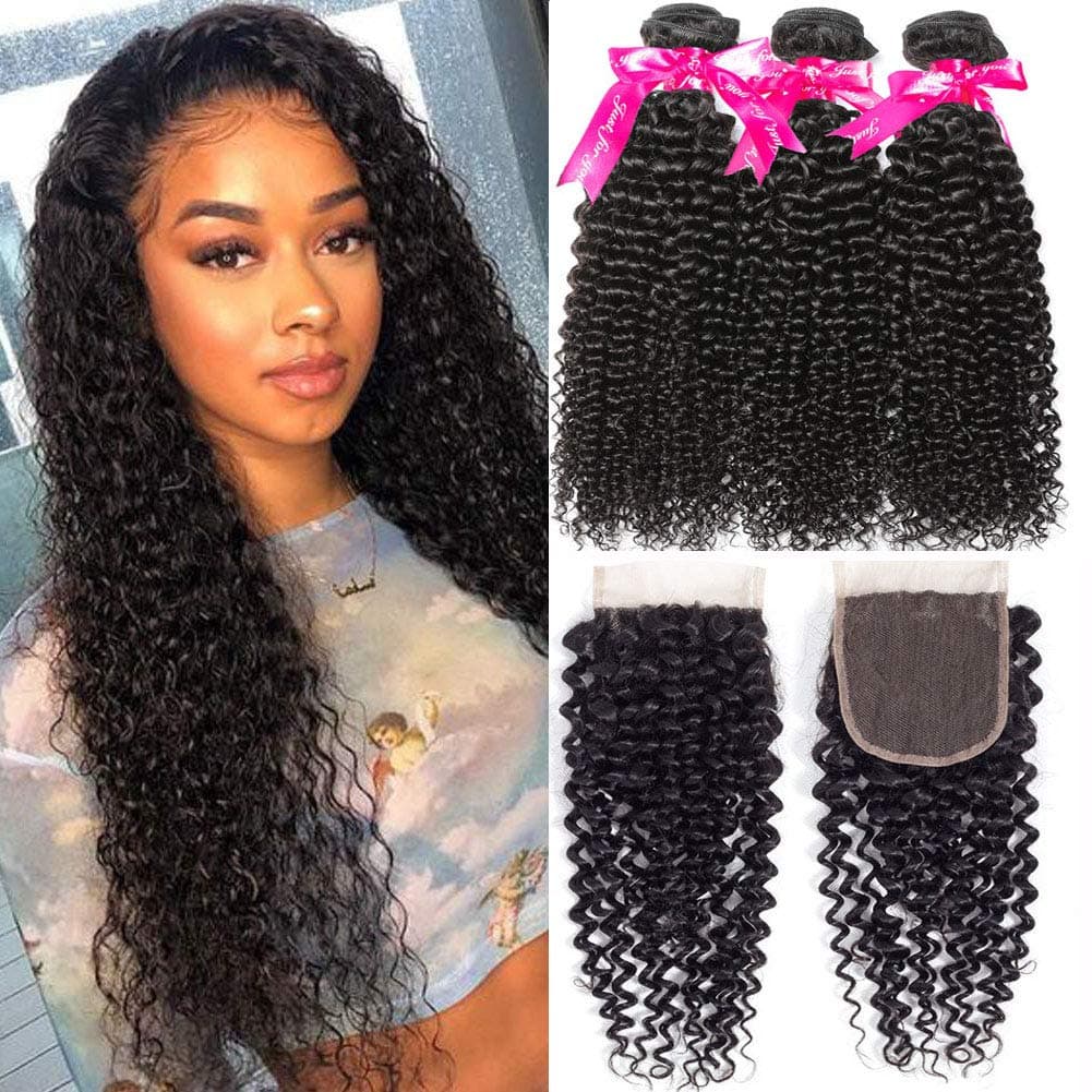 Flady Brazilian Kinkys Curly Hair Bundles with Closure 18 20 22+16inch 10A Unprocessed Brazilian Virgin Hair 3 Bundles with Free Part Closure Natural Black Human Hair Bundles With Closure
