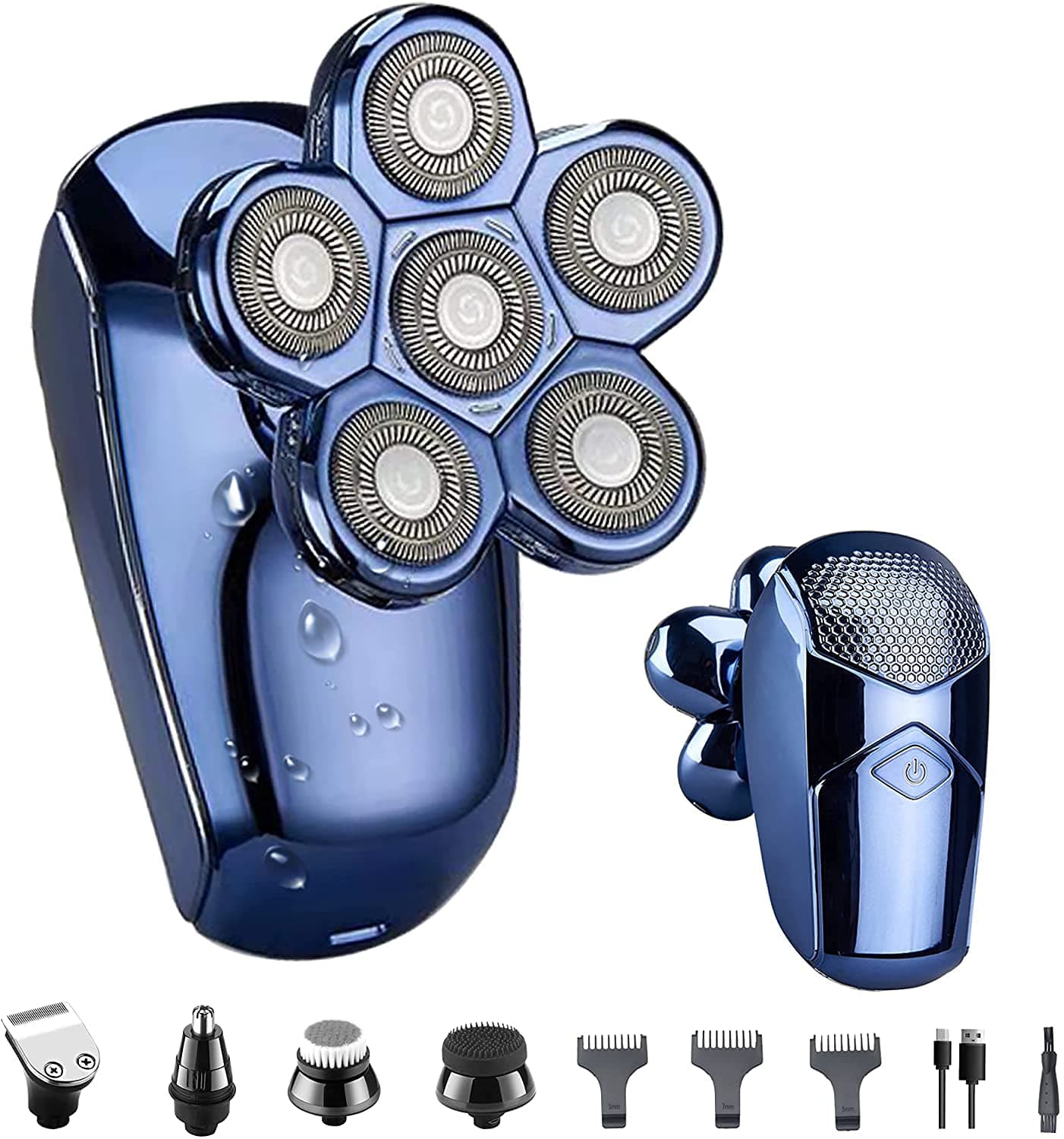 Head Shavers for Bald Men 5 in 1 Head Shaver 6D Head Men Electric Razor Cordless, Rechargeable for Men with Beard, Hair, Nose Trimmer, Facial Clean, Massage (Blue)