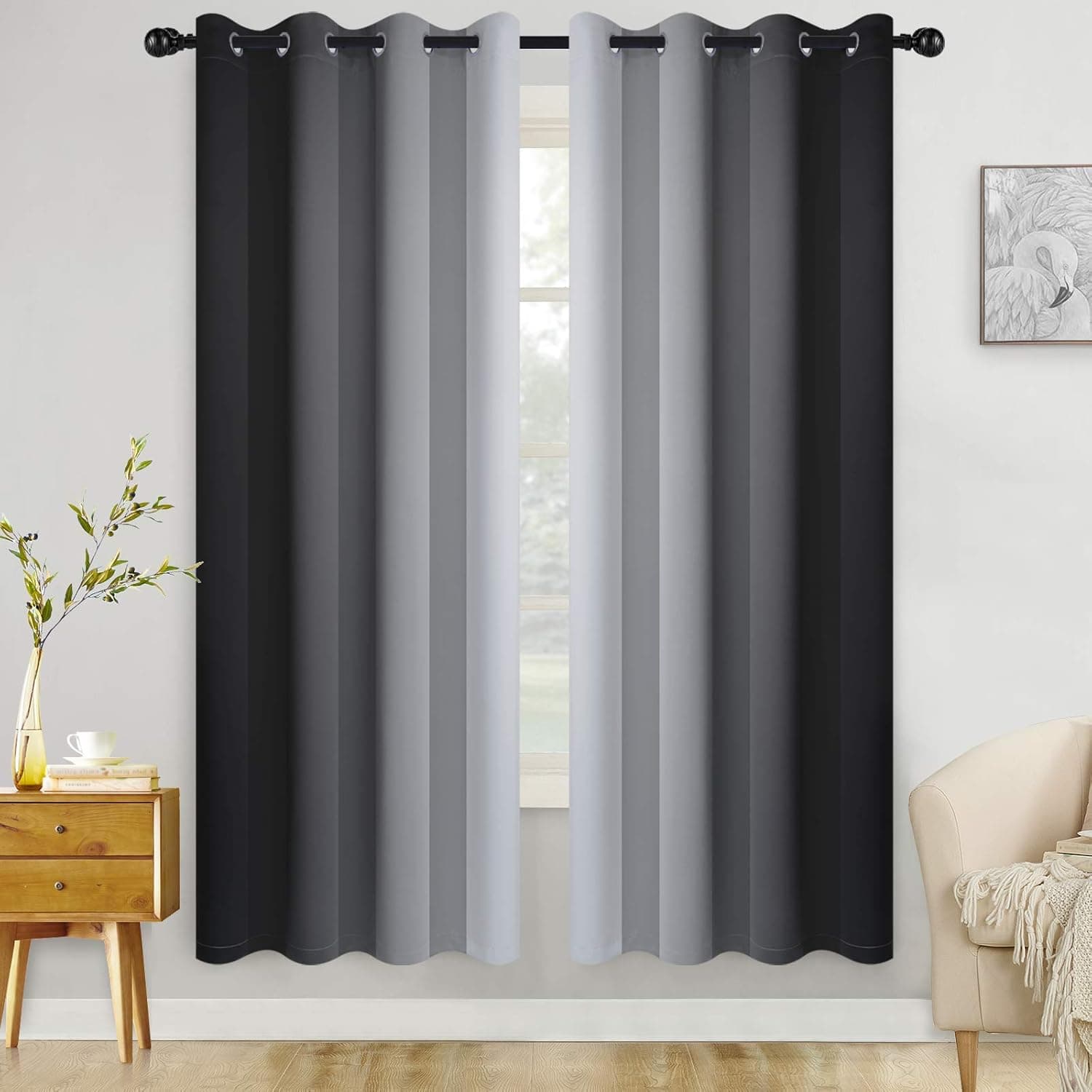 COSVIYA Grommet Ombre Room Darkening Curtains 72 inch Length 2 Panels, Black and Grayish White Gradient Drapes Light Blocking Insulated Thermal Window Curtains for Bedroom/Living Room,52x72 inches