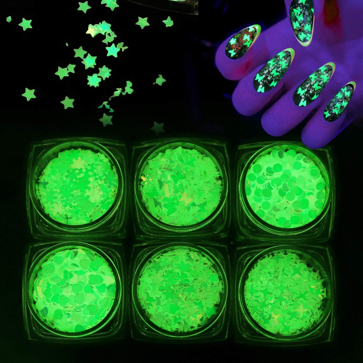 6 Boxes Luminous Nail Glitter Sequins 3D Nail Art Fluorescent Sequin, Holographic Nail Art Flakes Glow in The Dark, Star Heart Round Snowflake Butterfly Nail Art Glitter Sequins for Nail Decoration