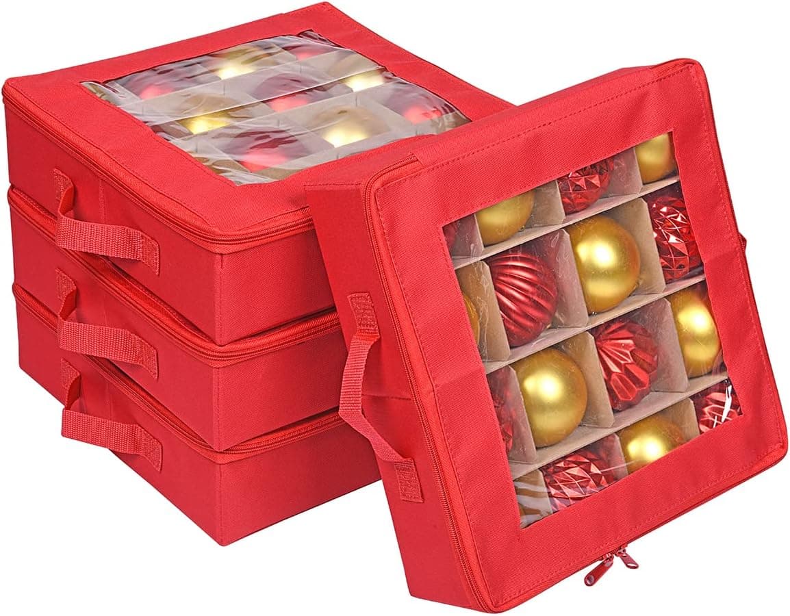 ProPik 4 Pcs Christmas Ornament Storage Boxes with Dividers, Transparent Top, Zipper Closure & Handles- 4 Individual Ornament Holder Trays- Keeps 64 Holiday Ornaments- Durable Ornament Organizer Storage Box (Red)