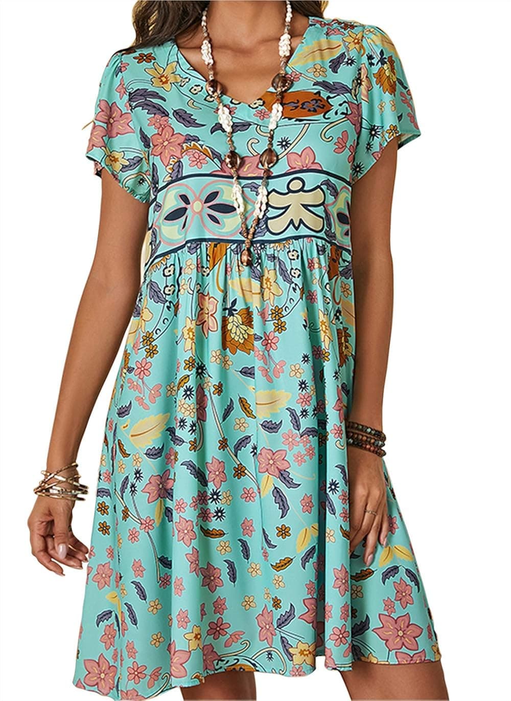 HUTORUL Women's Summer Casual Bohemian V-Neck Floral Dress