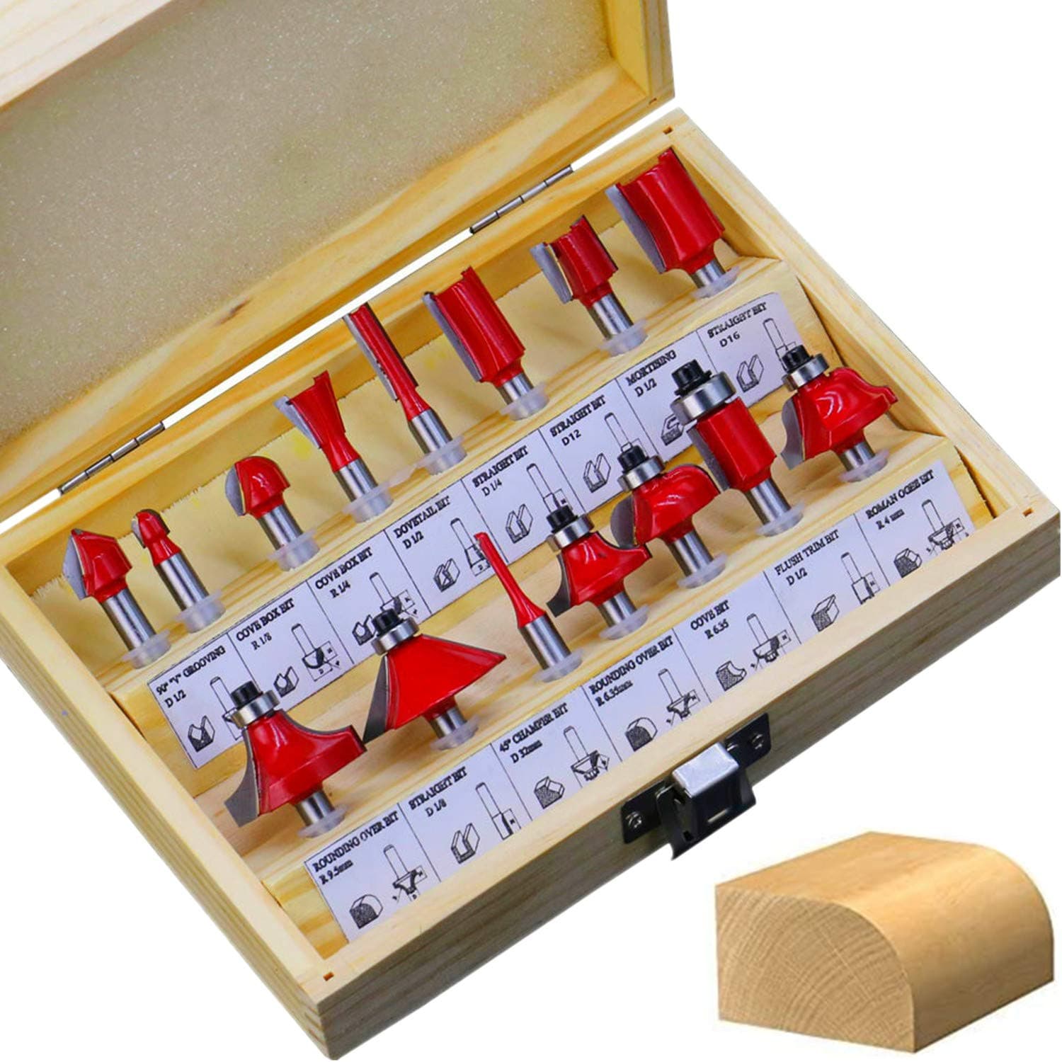 K-Musculo Industrial Tungsten Carbide Router Bits 15 PCS Woodworking Routing Drill Bits 1/4-Inch Shank Corner Rounding Edge with Storage Case