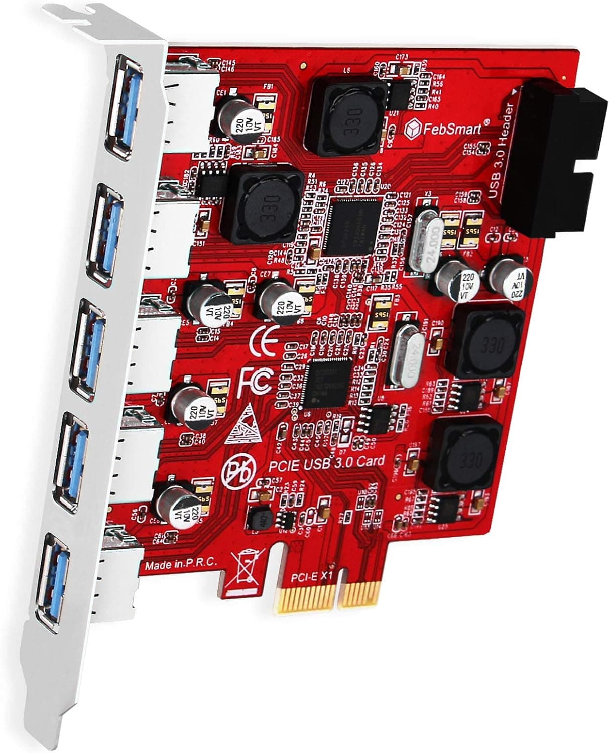 FebSmart 7-Ports Superspeed 5Gbps USB 3.0 PCIE Expansion Card, 5-Ports USB-A and an 19Pin USB 3.0 Header, Built in FebSmart Self-Powered Technology, No Need Additional Power Supply (FS-U7S-Pro)