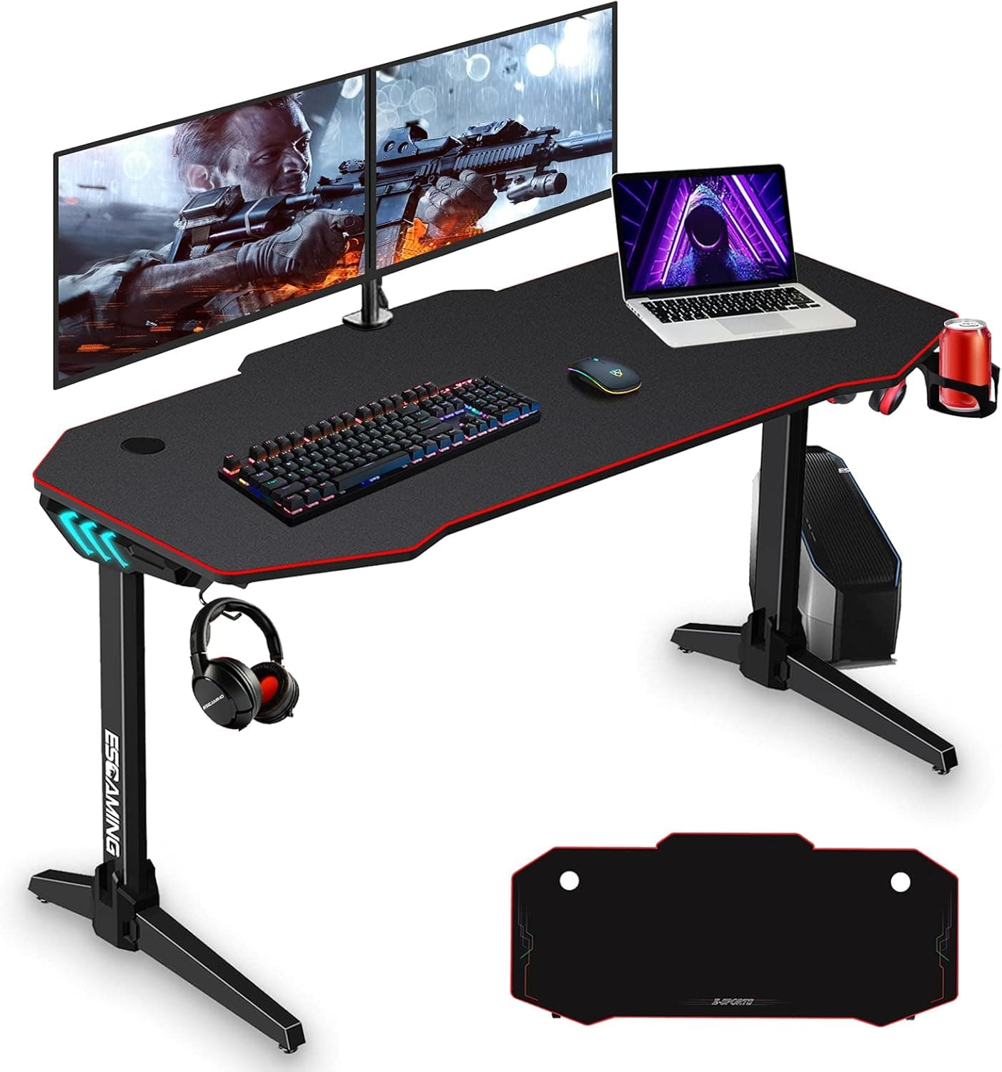 ESGAMING Gaming Desk with LED Lights, 55 Inch Gaming Table with Detachable Mouse Pad Surface, Ergonomic Computer Desk T-Shaped PC Gaming Desk with Cup Holder, Headphone Hook, Concealed Storage Box
