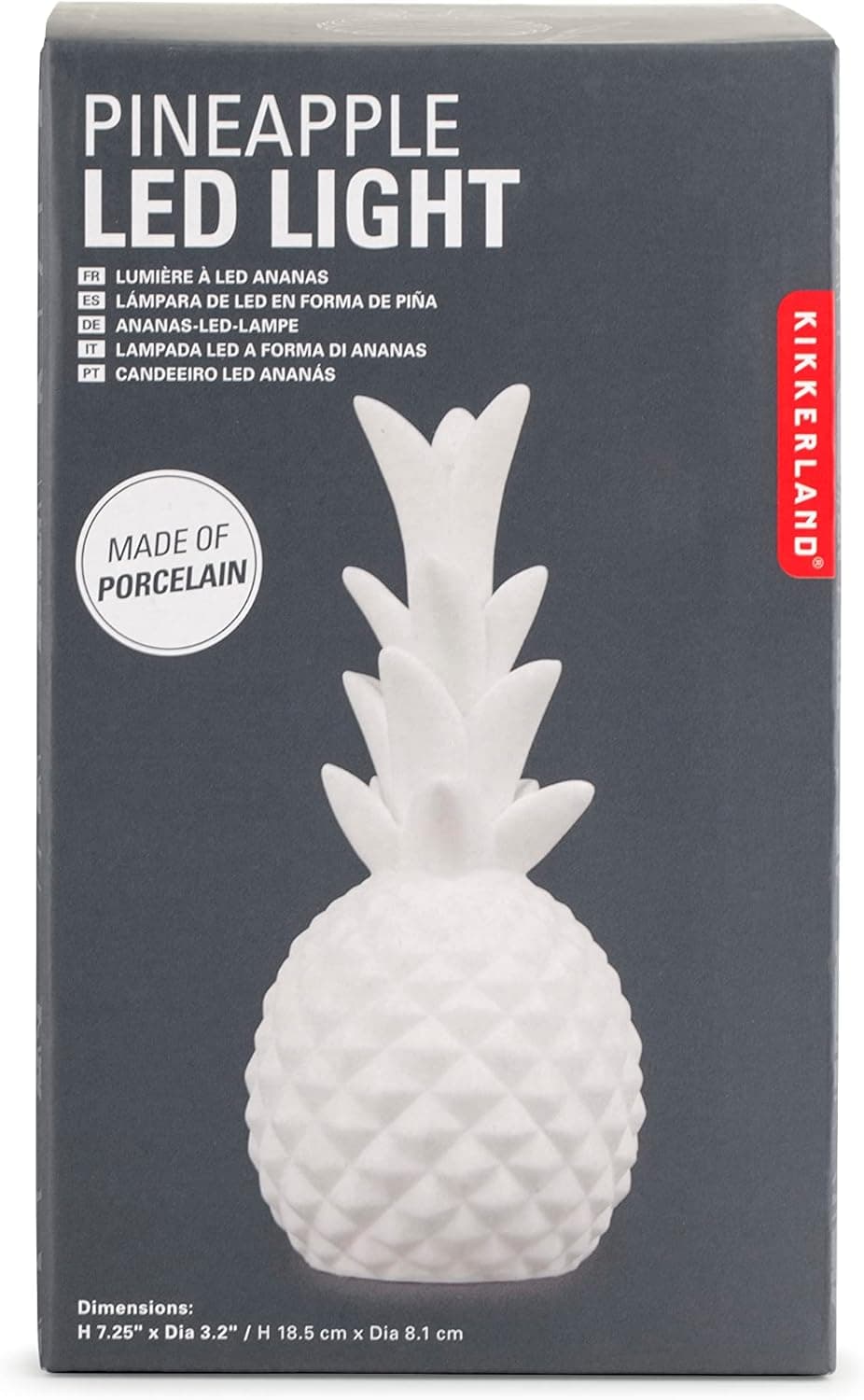 Kikkerland Portable Tropical Pineapple Porcelain LED Light, Home Decor, Night Light for Kids Nursery, Nightstand Lamp, Bedside Lamp, White