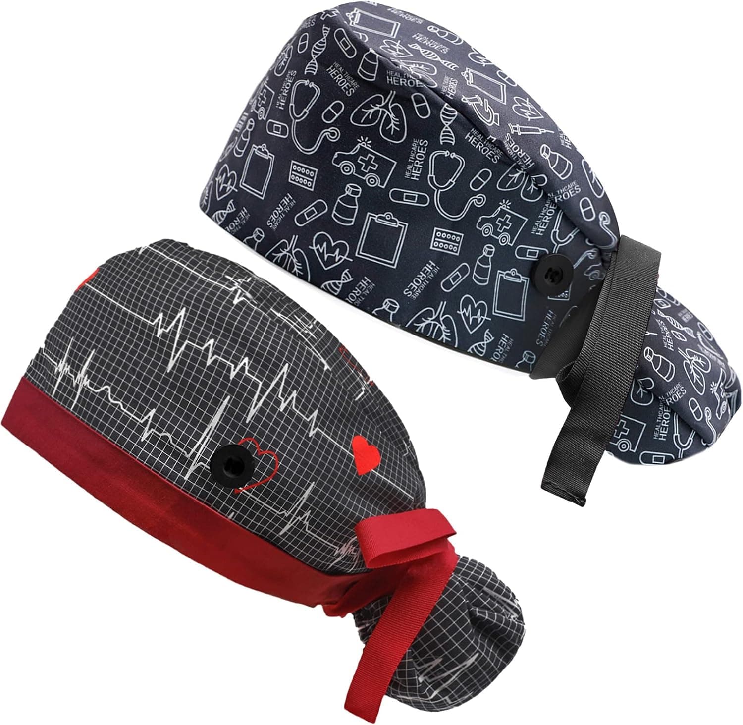 Hotme Working Cap with Buttons and Sweatband Adjustable Ribbon Tie Ponytail Hats for Women,Long Hair Head Covers Hair Caps